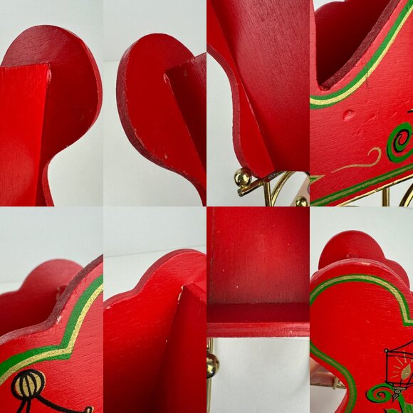 Vtg Christmas Holiday Santa Sleigh Sled Wood Metal Gold Legs Skis Red Green READ - Picture 6 of 11